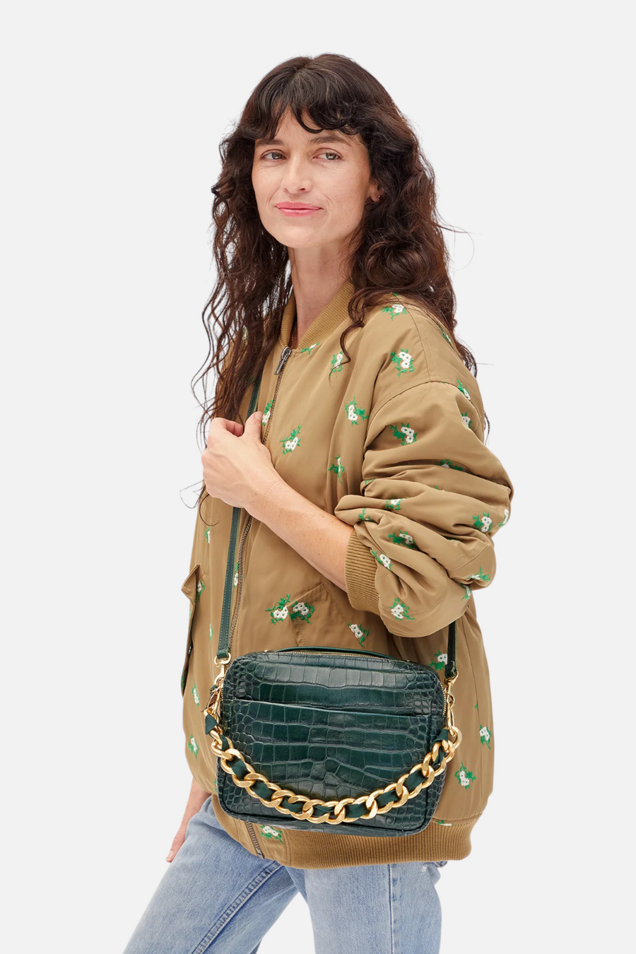 Clare V Mirabel in Deep Pine Embossed Croco
