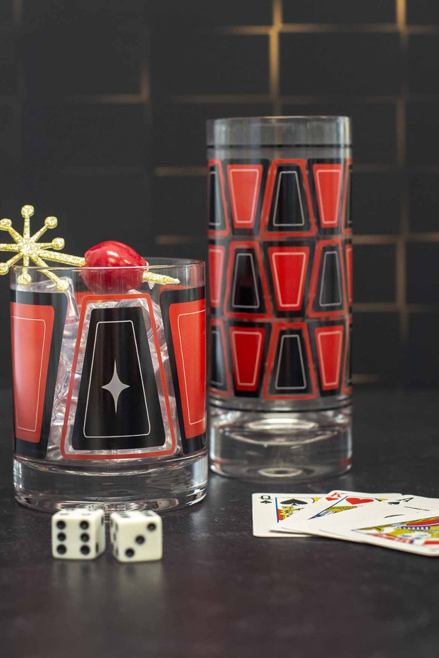 Mod Lounge Red and Black Retro Blocks Whiskey Rocks Vintage Cocktail Glass – back view