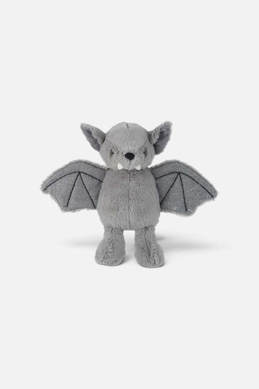Mon Ami Bellamy Bat plush toy in gray fur with silver wings and embroidered eyes.