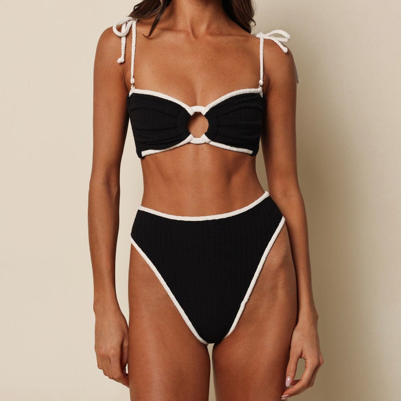 Montce X Olivia Culpo Black Cream Binded Terry Rib Tori Ties Bandeau Bikini Top in Black