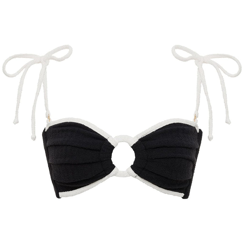 Montce X Olivia Culpo Black Cream Binded Terry Rib Tori Ties Bandeau Bikini Top in Black