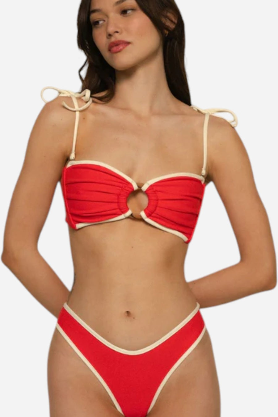 Montce Cherry Cream Binded Tori Ties Bandeau Bikini Top