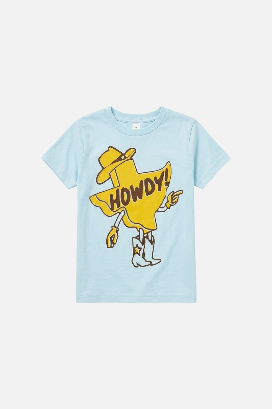Norman Roscoe Howdy Texas kids tee in blue, front view.