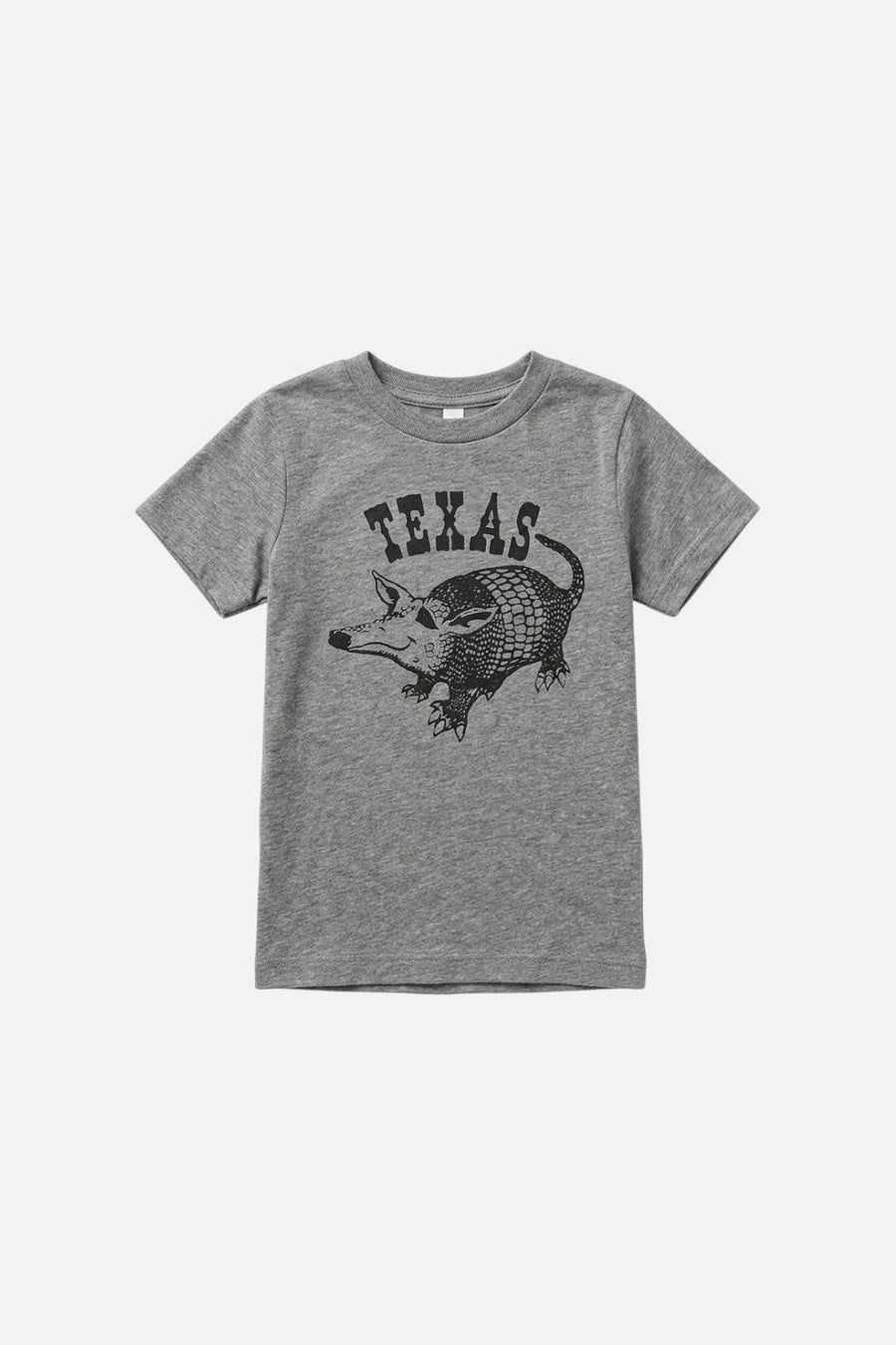 Norman Roscoe Texas Armadillo kids tee in grey, front view.