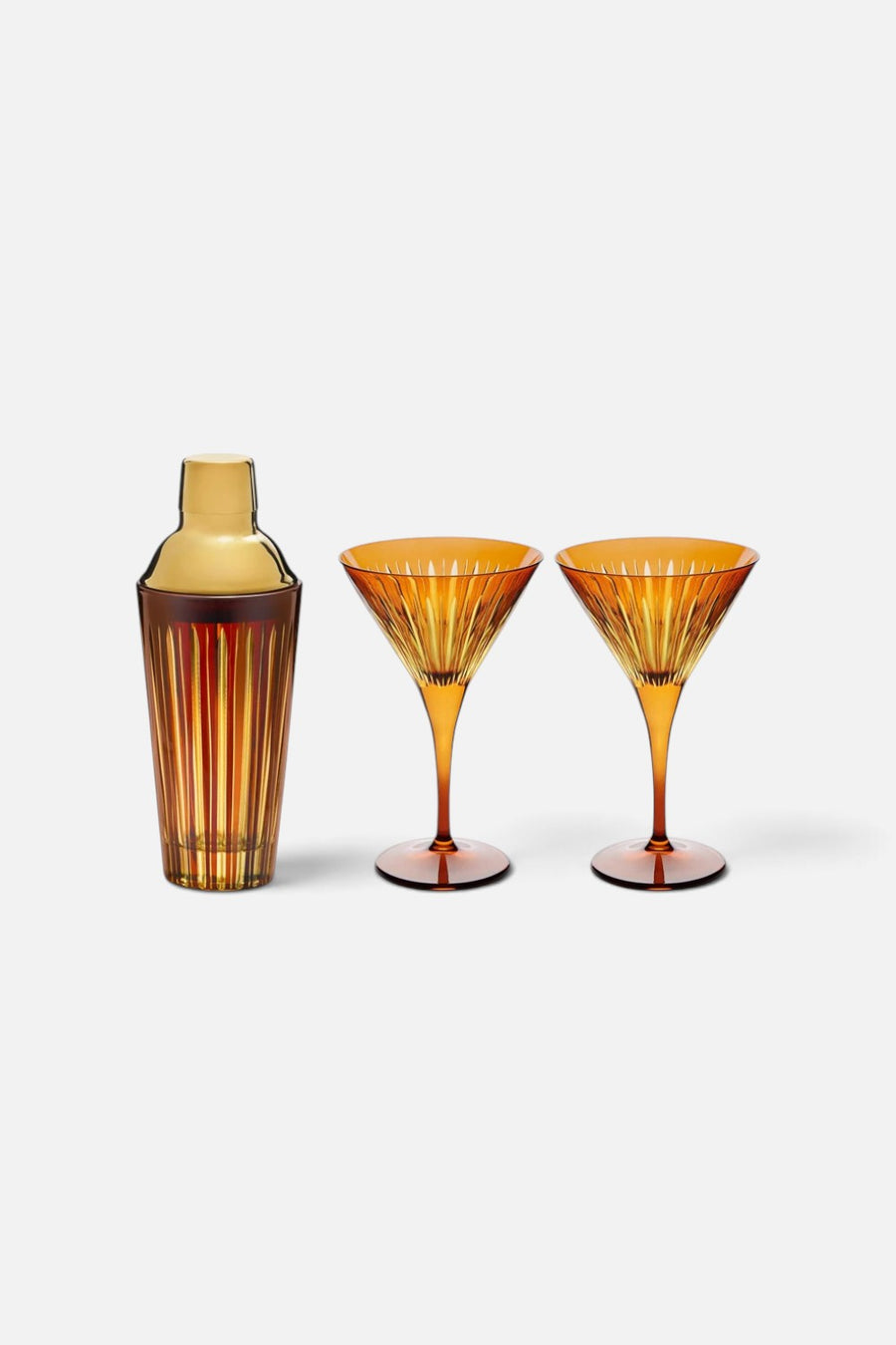 L'Objet Prism amber glass cocktail set with shaker and two martini glasses.