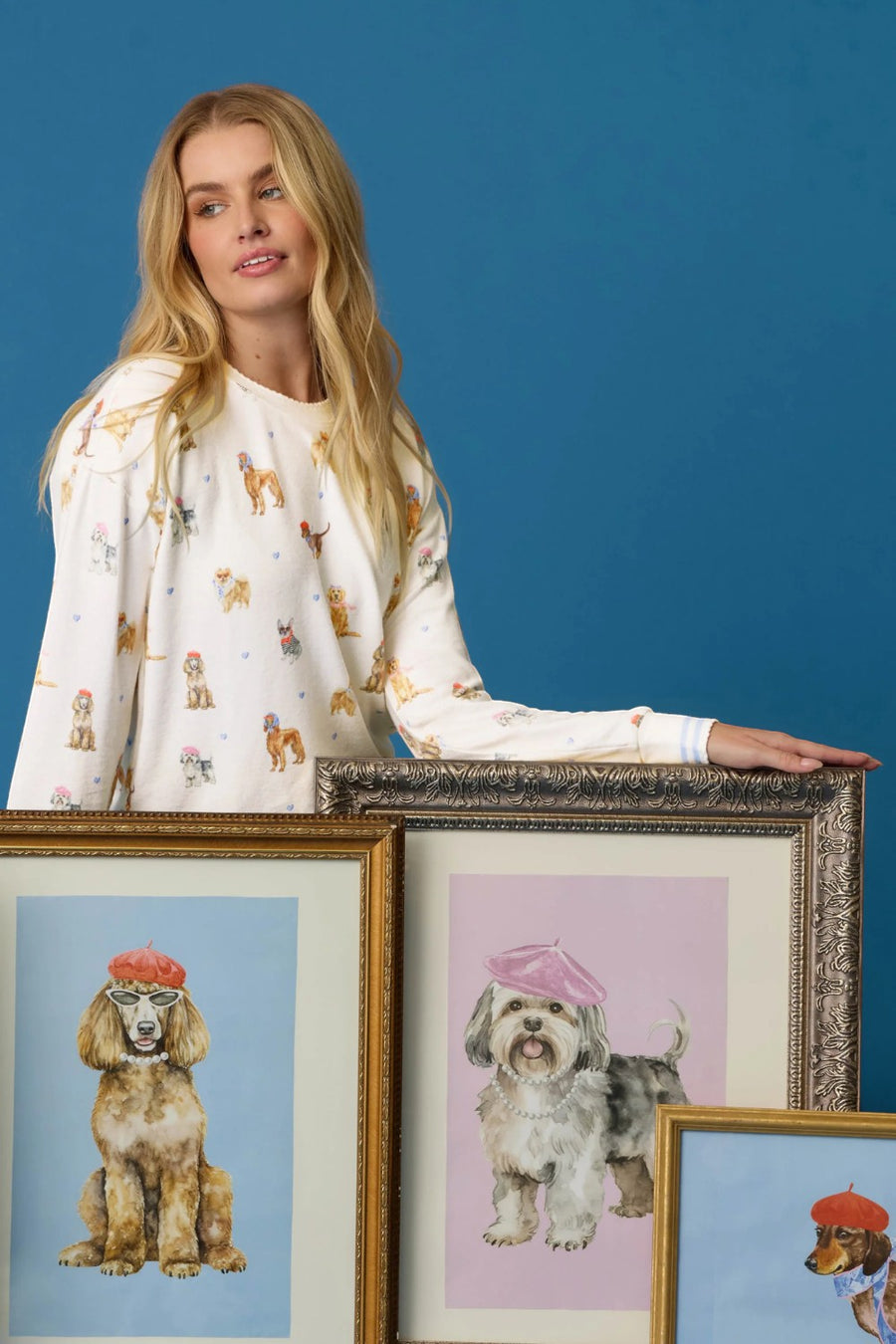 PJ Salvage Meet Me In Pawris long sleeve pajama top in ivory with Parisian dog print, alternate view 2