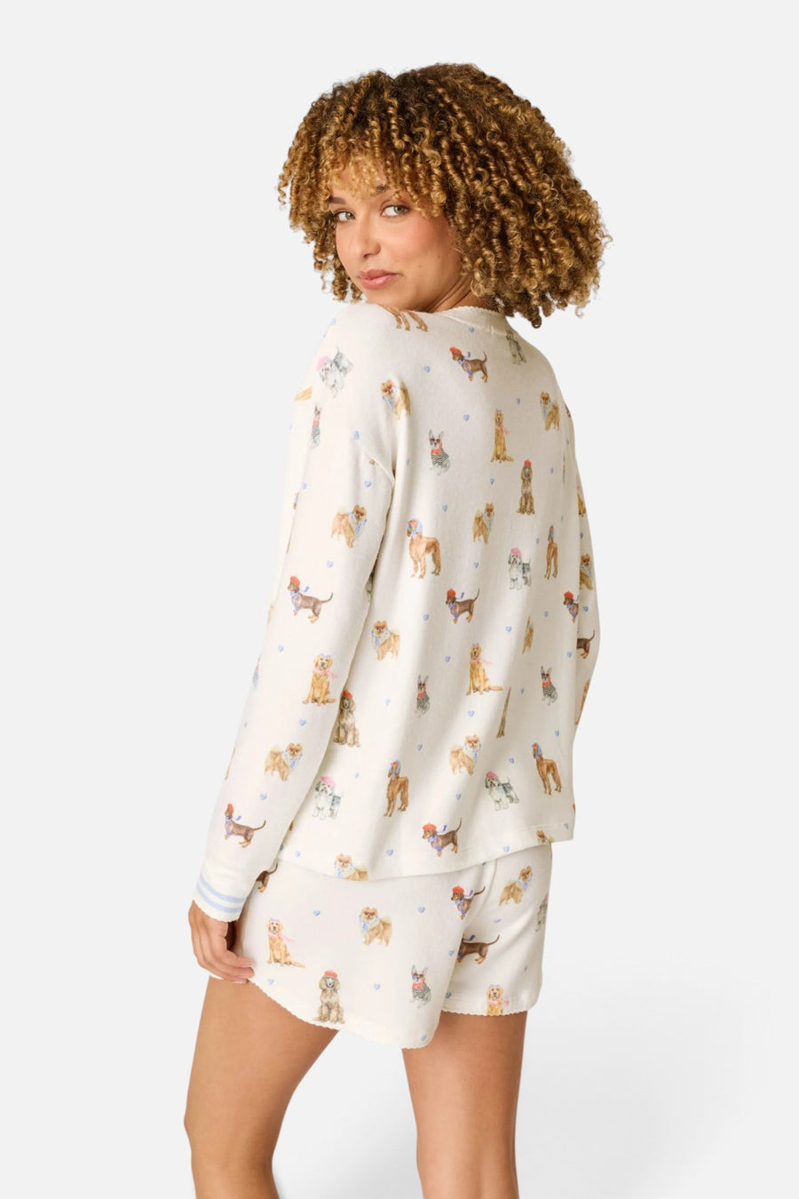 PJ Salvage Meet Me In Pawris long sleeve pajama top in ivory with Parisian dog print, alternate view 3