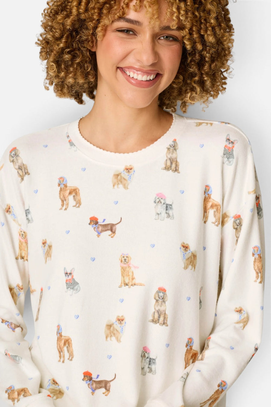PJ Salvage Meet Me In Pawris long sleeve pajama top in ivory with Parisian dog print, alternate view 6