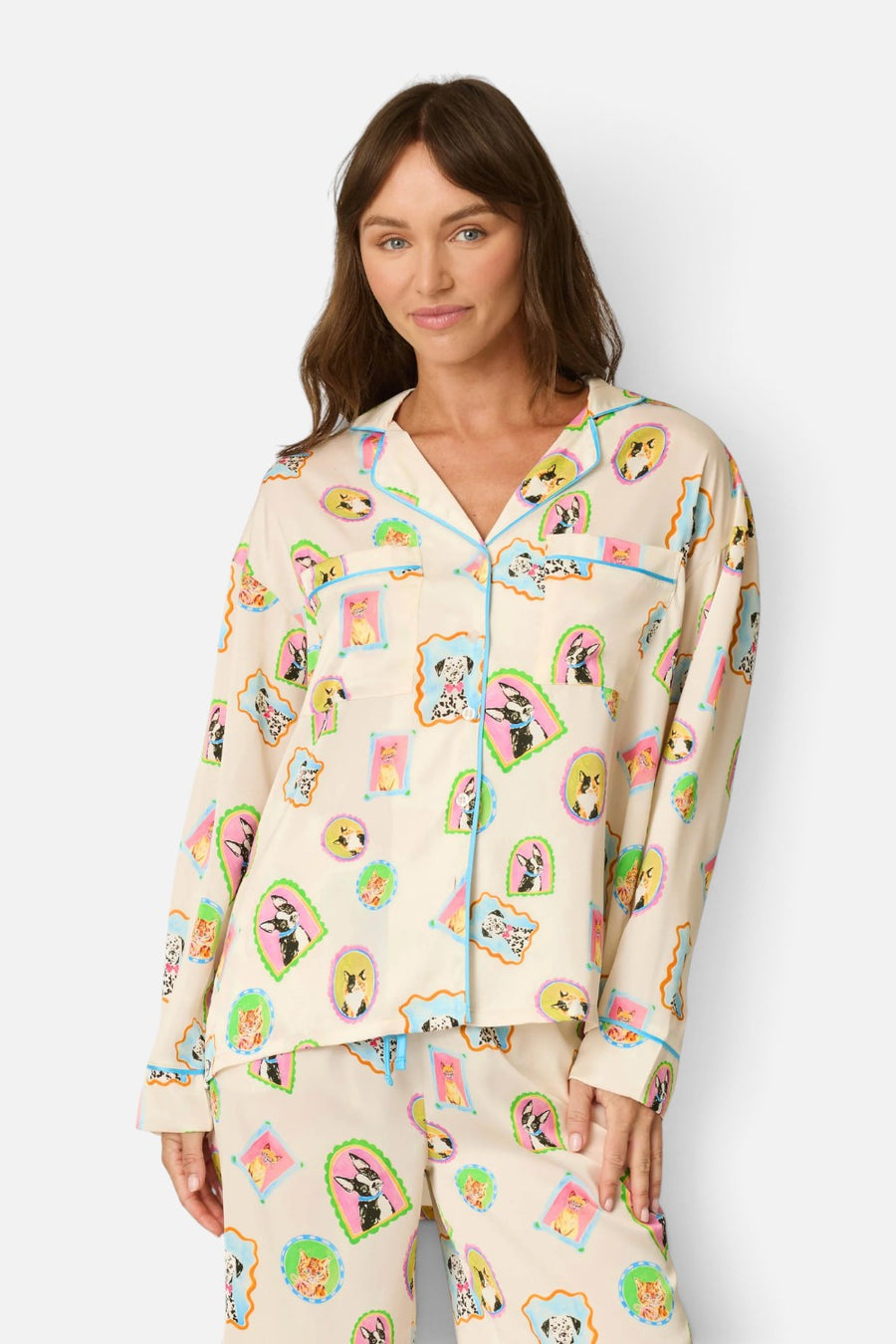PJ Salvage Picture Purfect long sleeve satin pajama top in ivory with watercolor pet print