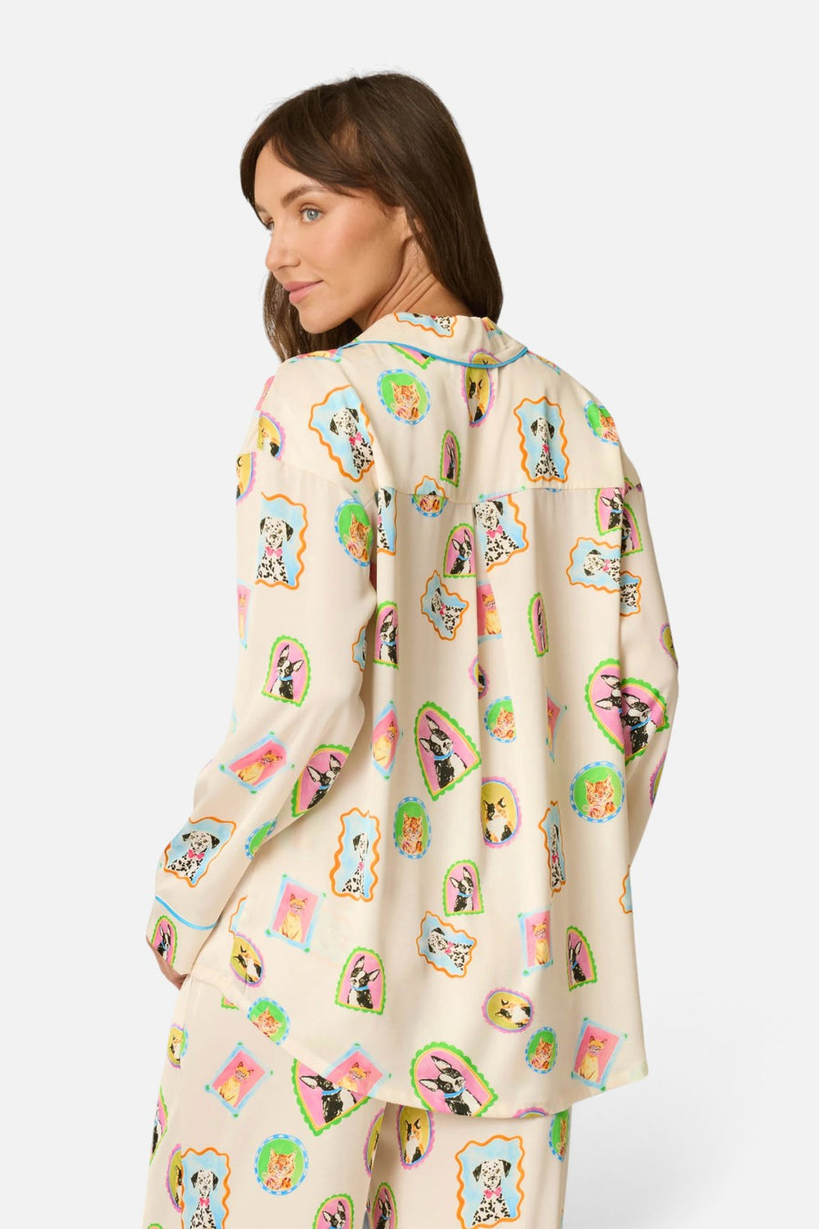 PJ Salvage Picture Purfect long sleeve satin pajama top in ivory with watercolor pet print, alternate view 3
