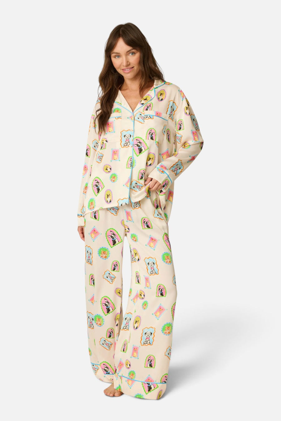 PJ Salvage Picture Purfect long sleeve satin pajama top in ivory with watercolor pet print, alternate view 4