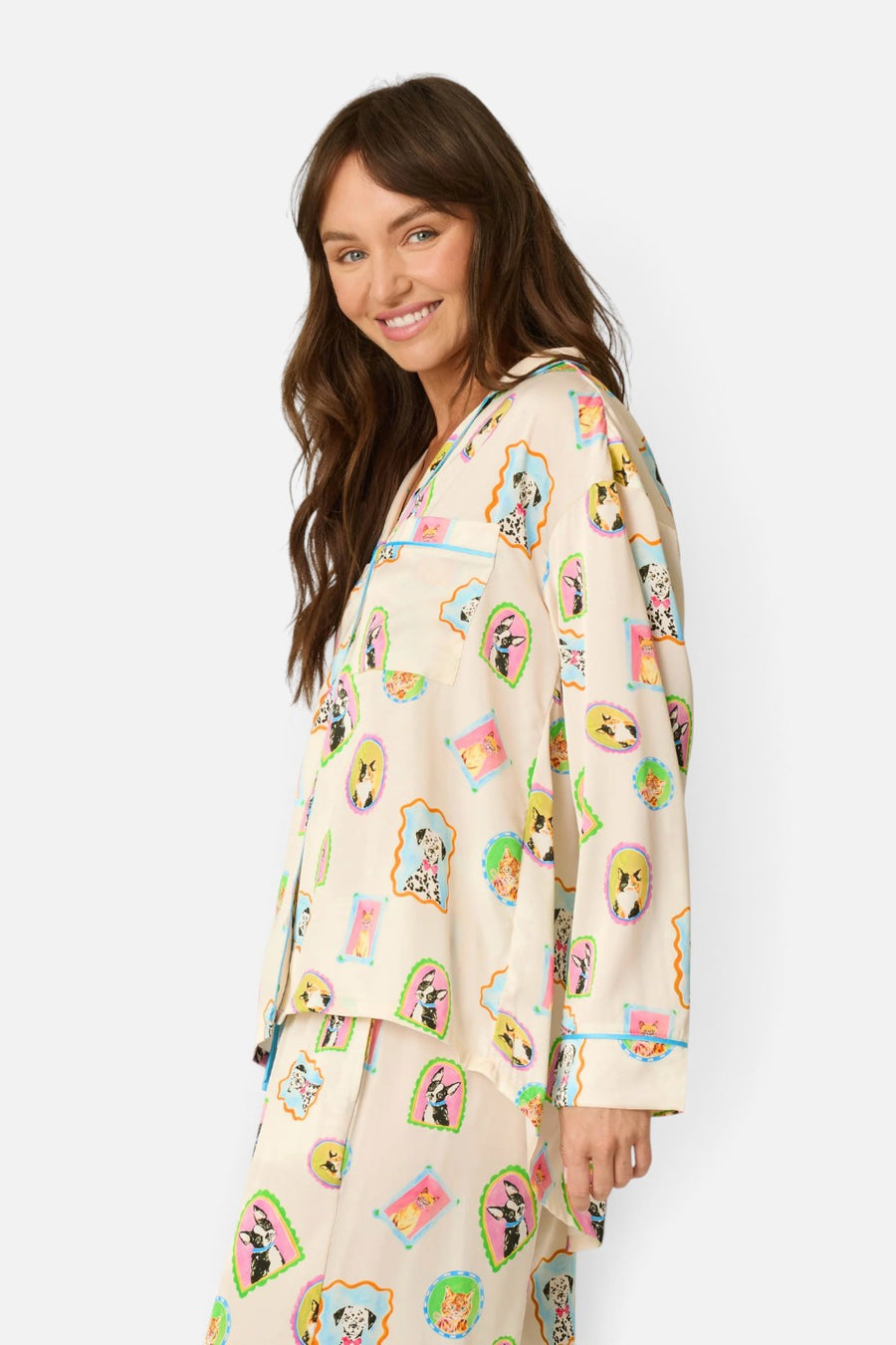PJ Salvage Picture Purfect long sleeve satin pajama top in ivory with watercolor pet print, alternate view 5