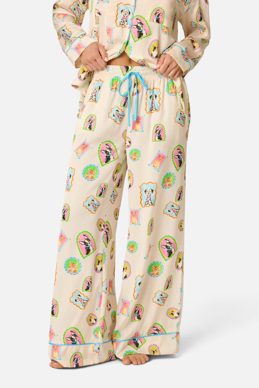 PJ Salvage Picture Purfect satin pajama pants in ivory with watercolor pet print