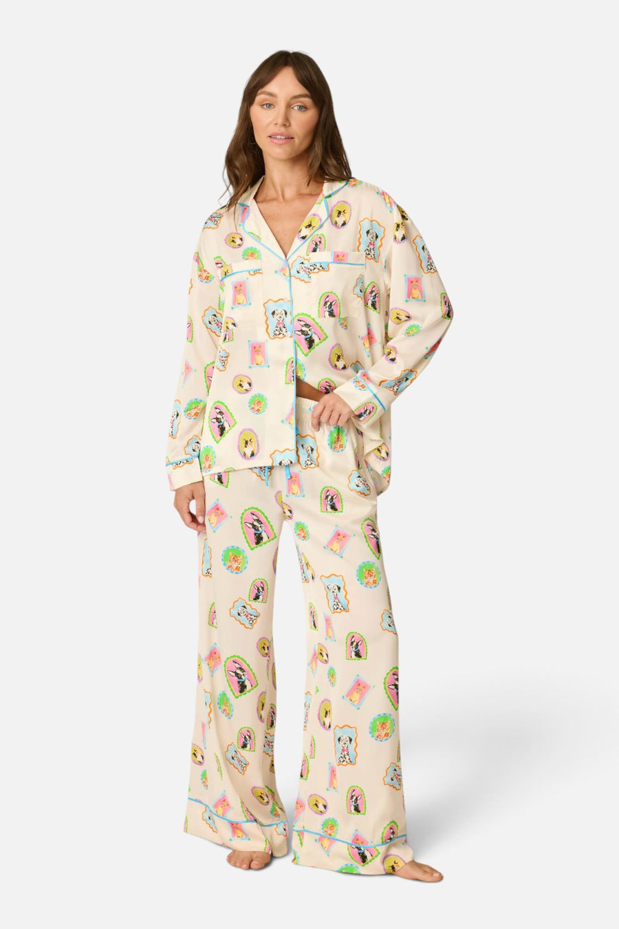 PJ Salvage Picture Purfect satin pajama pants in ivory with watercolor pet print, alternate view 2