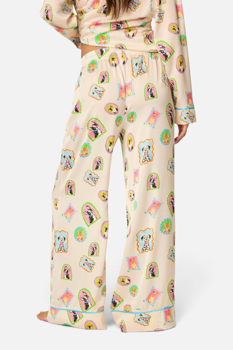 PJ Salvage Picture Purfect satin pajama pants in ivory with watercolor pet print, alternate view 3