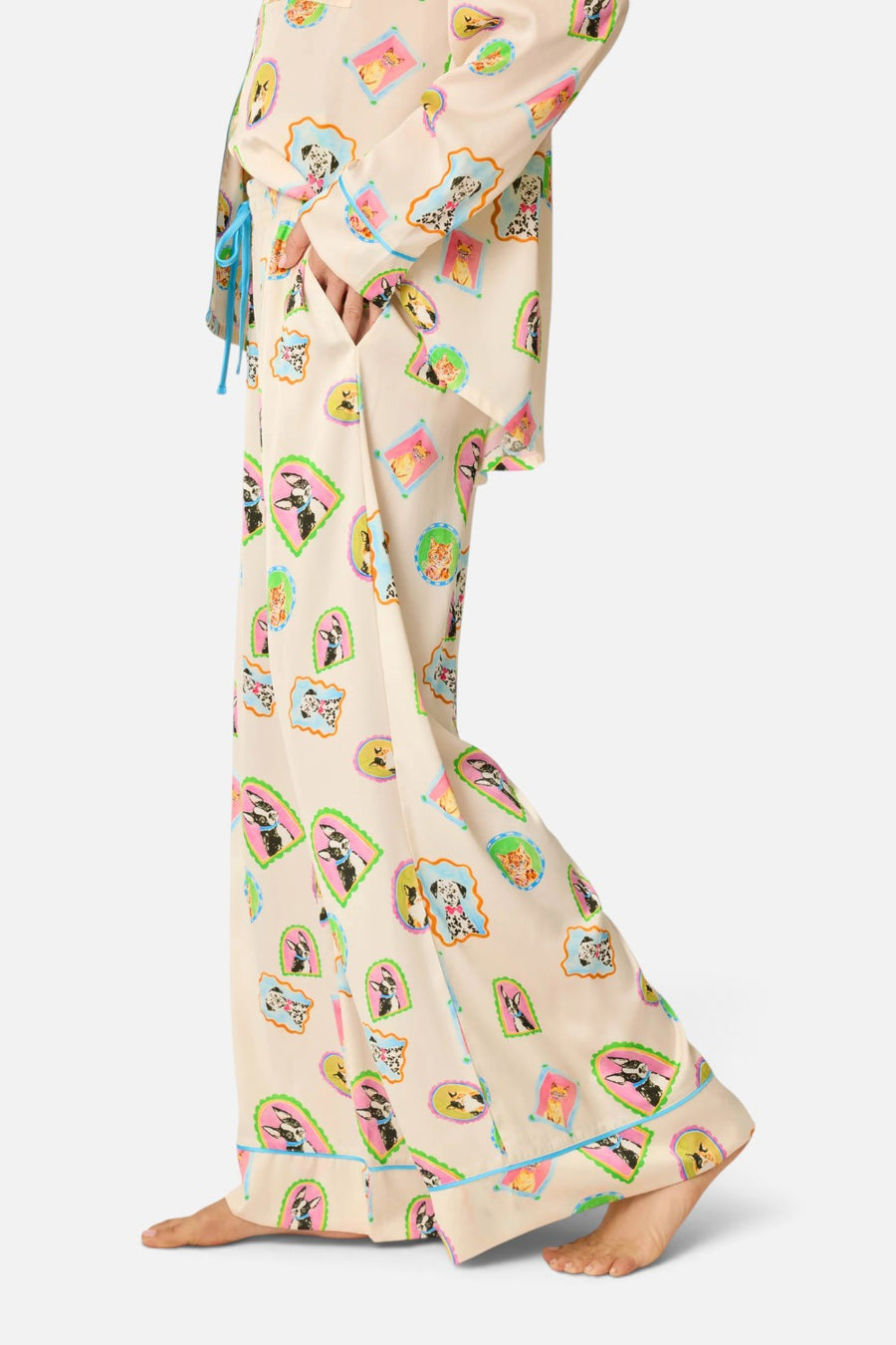 PJ Salvage Picture Purfect satin pajama pants in ivory with watercolor pet print, alternate view 4
