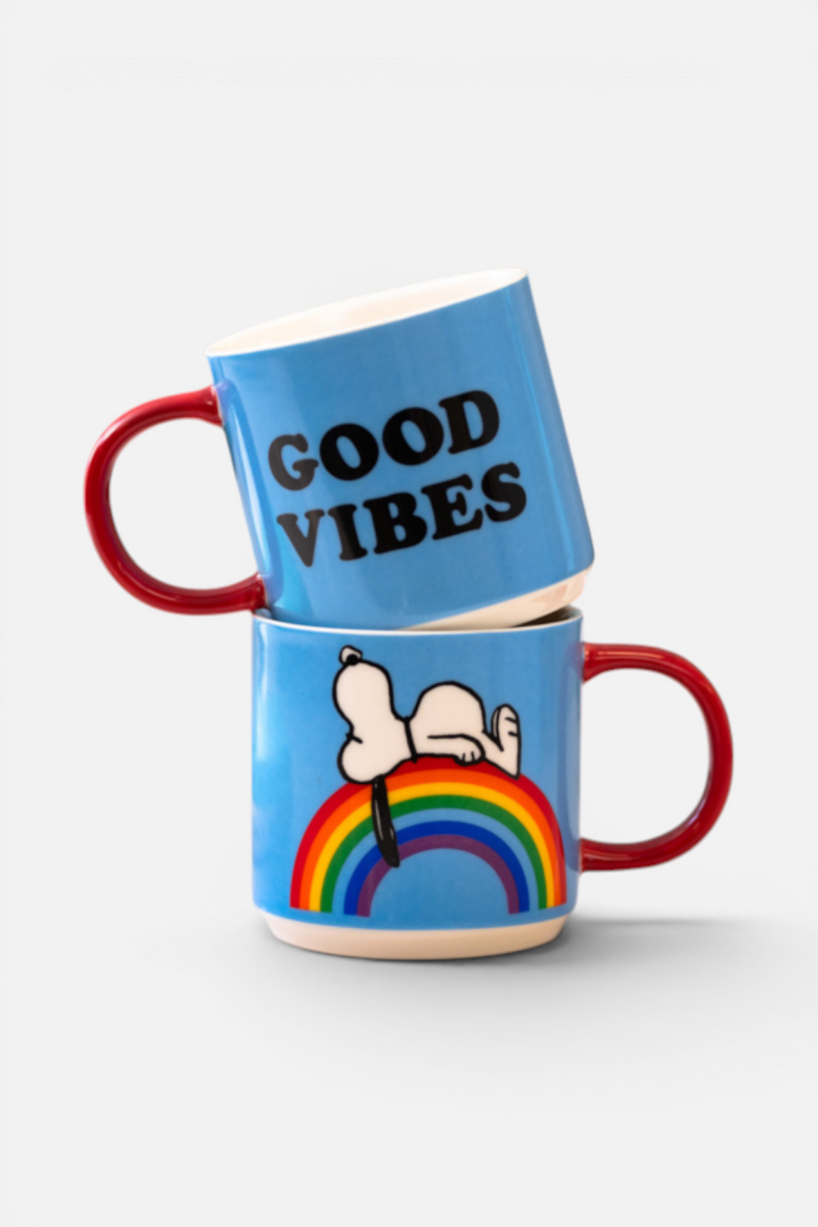 Magpie Peanuts Good Vibes mug in blue — Snoopy design, front view