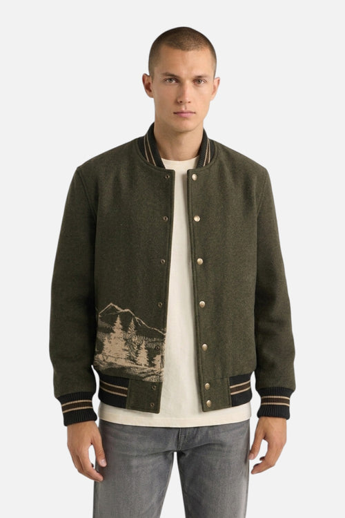 Pendleton Lookout Valley olive green wool varsity jacket with landscape graphic and striped rib trim.