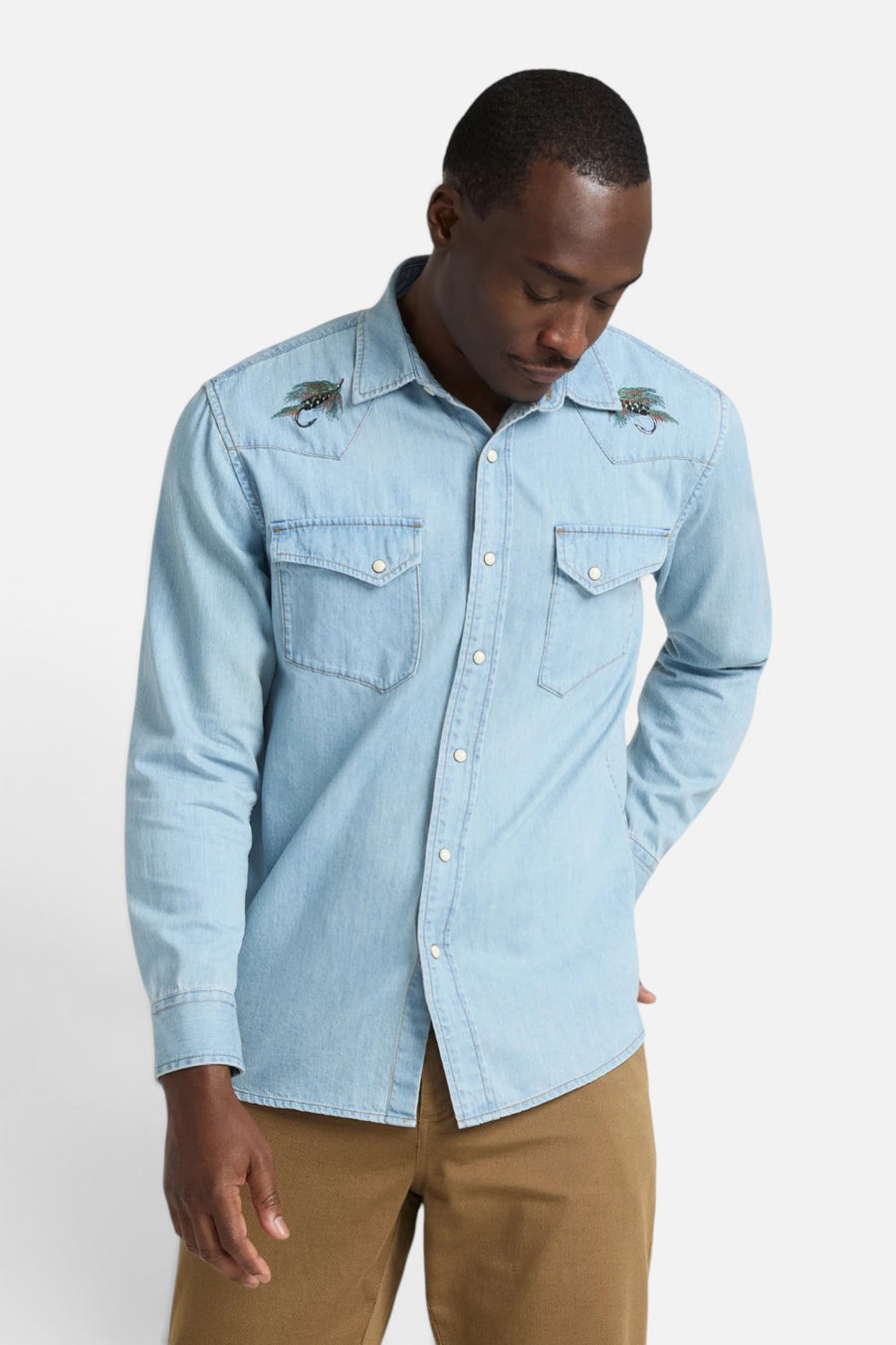 Pendleton Gambler light blue denim western shirt with embroidered salmon on the back yoke.