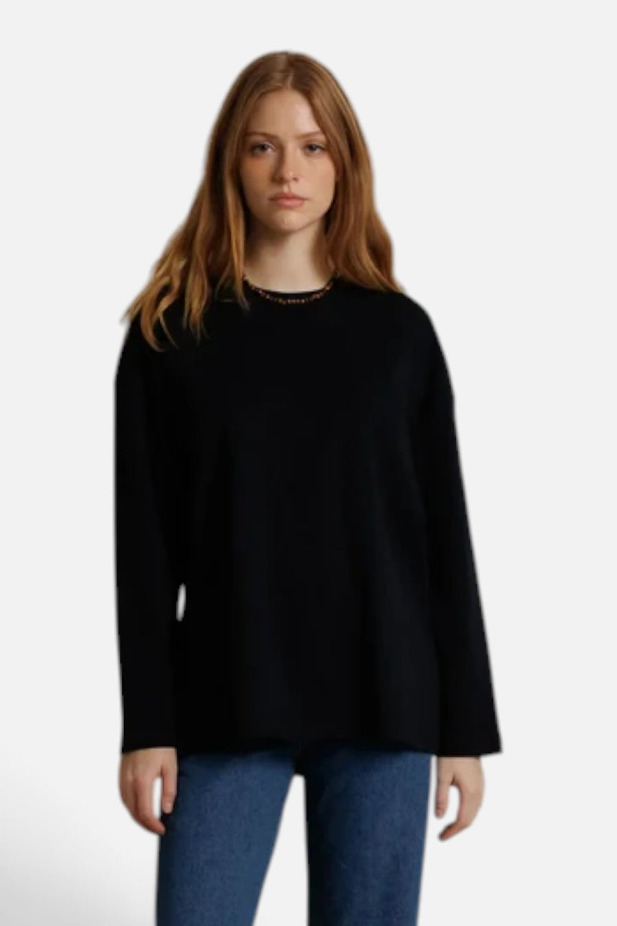 Perfect White Tee Claire oversized long sleeve tee in true black, front view.