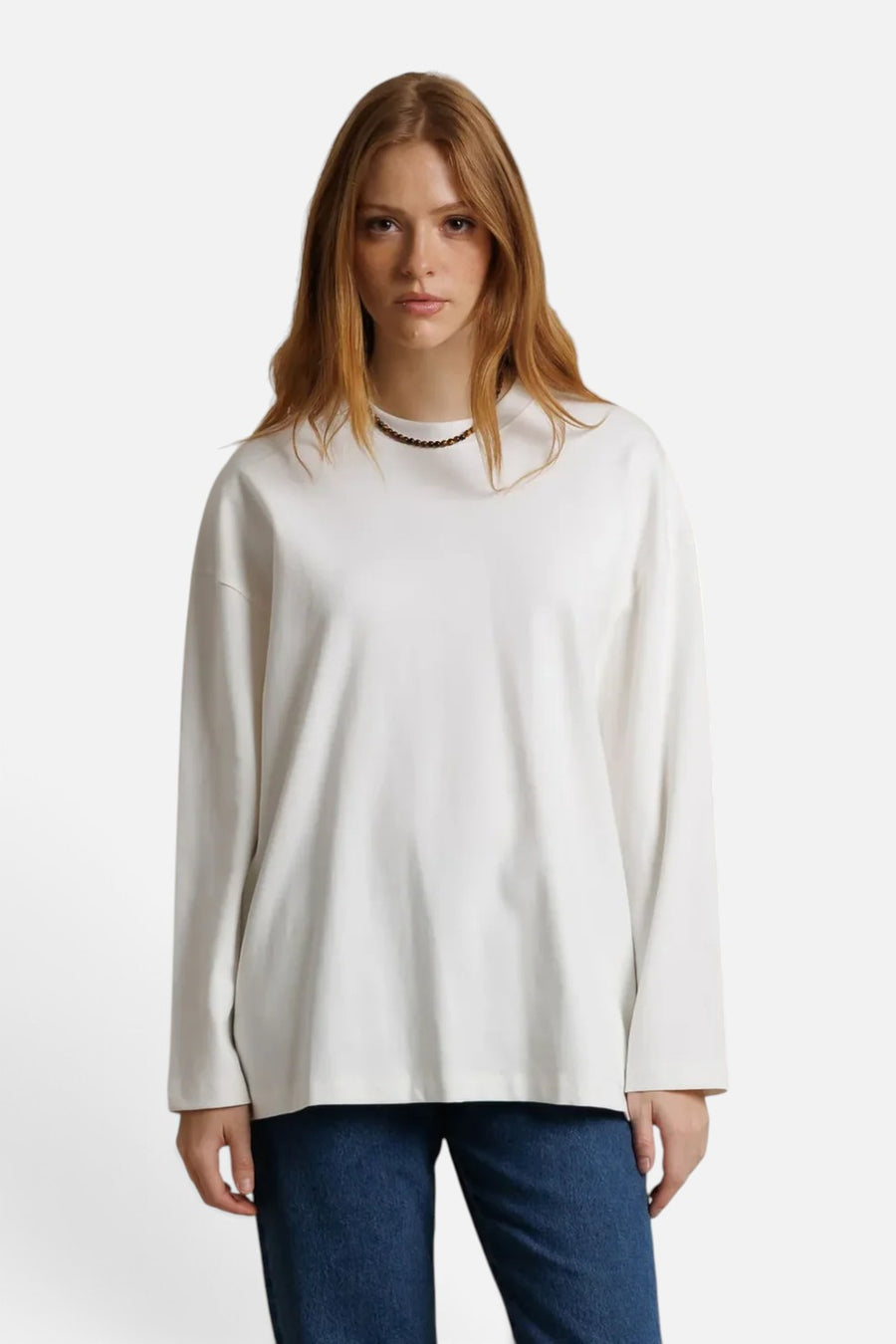 Perfect White Tee Claire oversized long sleeve tee in white, front view.