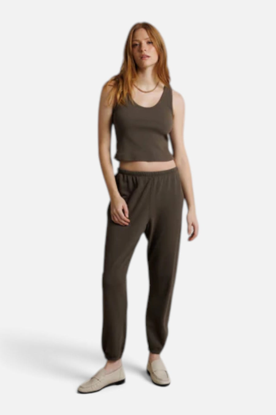 Perfect White Tee Johnny speckled French terry sweatpants in dark olive, front view.