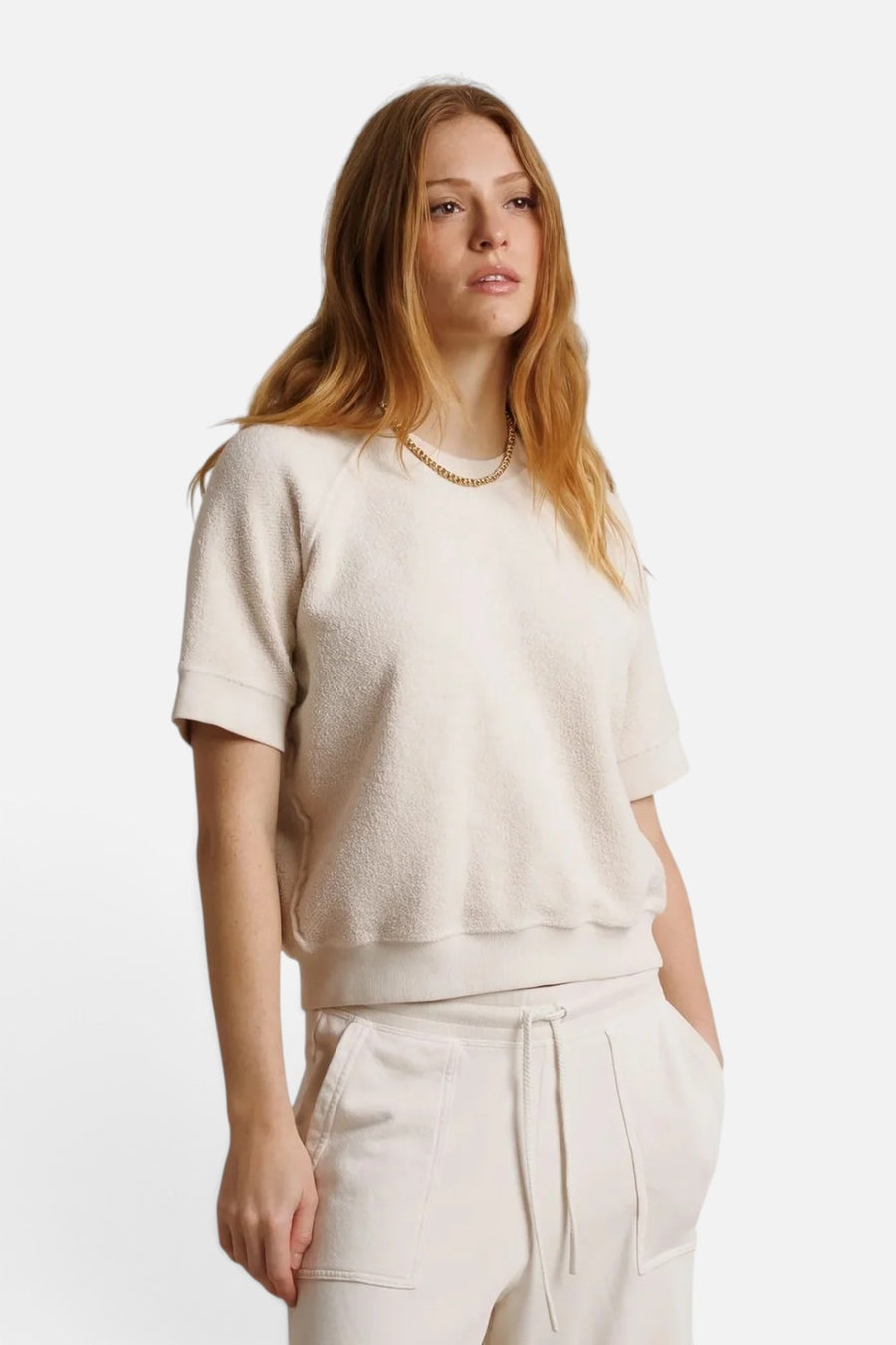 Perfect White Tee Kennedy reverse fleece short sleeve tee in Sugar white, front view.