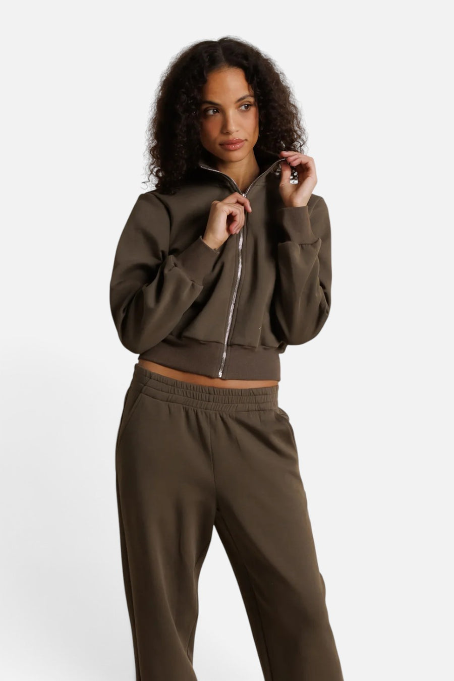 Perfect White Tee Milana travel track jacket in dark olive, zip front, front view.