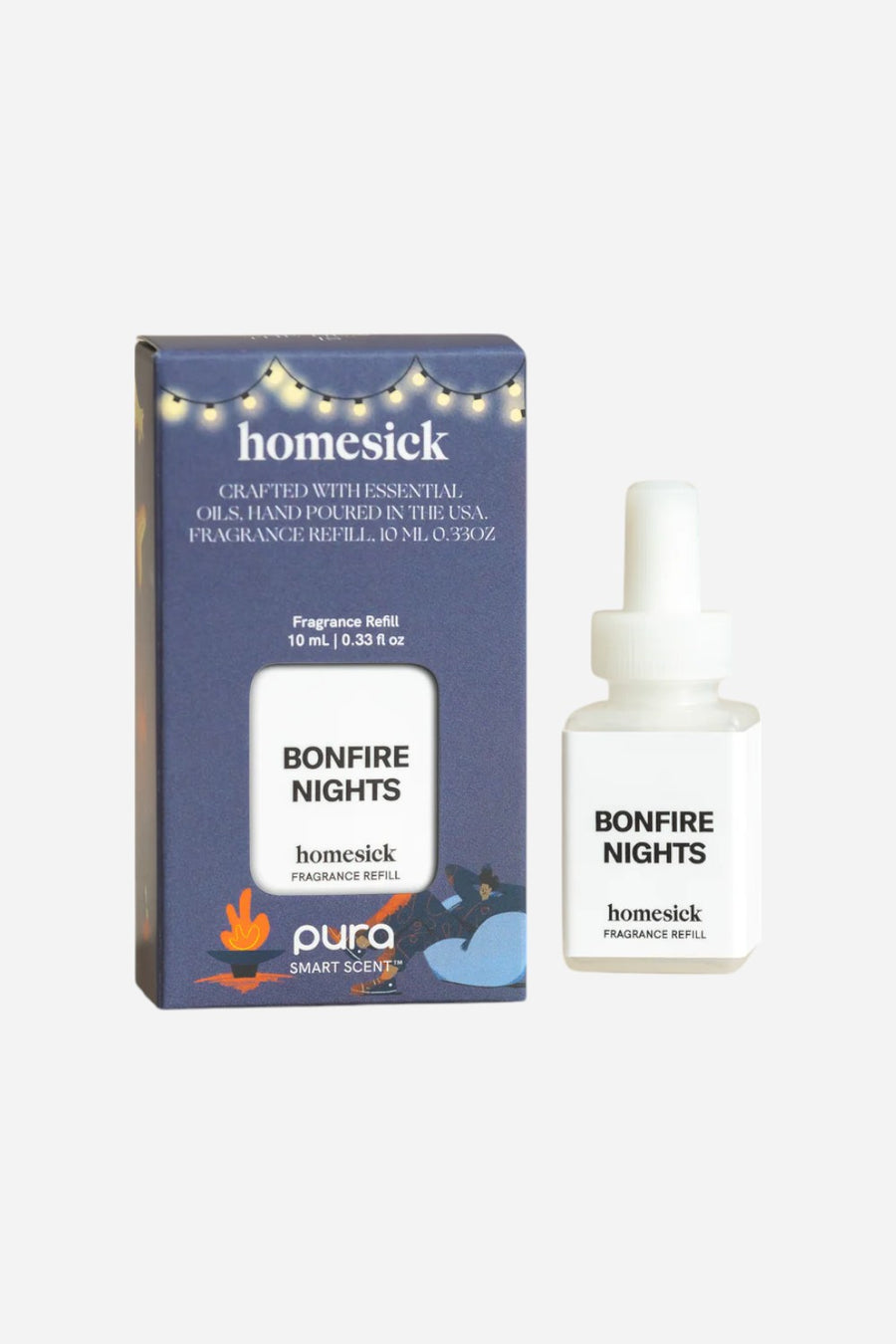 Homesick Bonfire Nights fragrance refill bottle and packaging on a white background