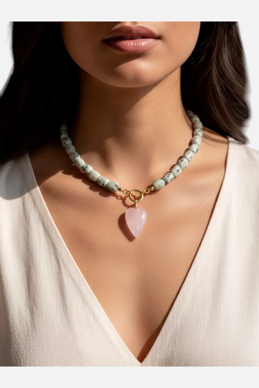 Farrah B Rebel Heart Spotted Jasper Beaded Necklace in Pink