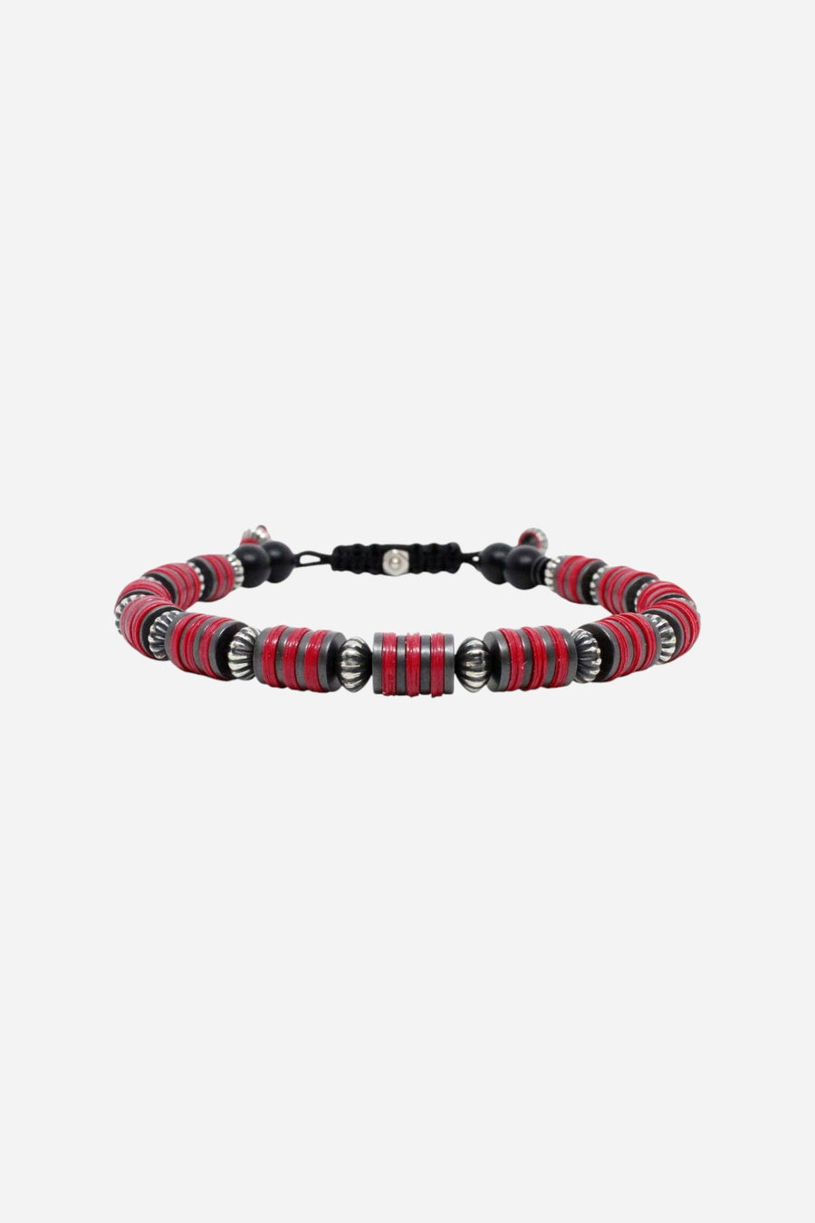 Kenton Michael Red Vinyl Gunmetal Discs Sterling Silver Men's Bracelet - Large