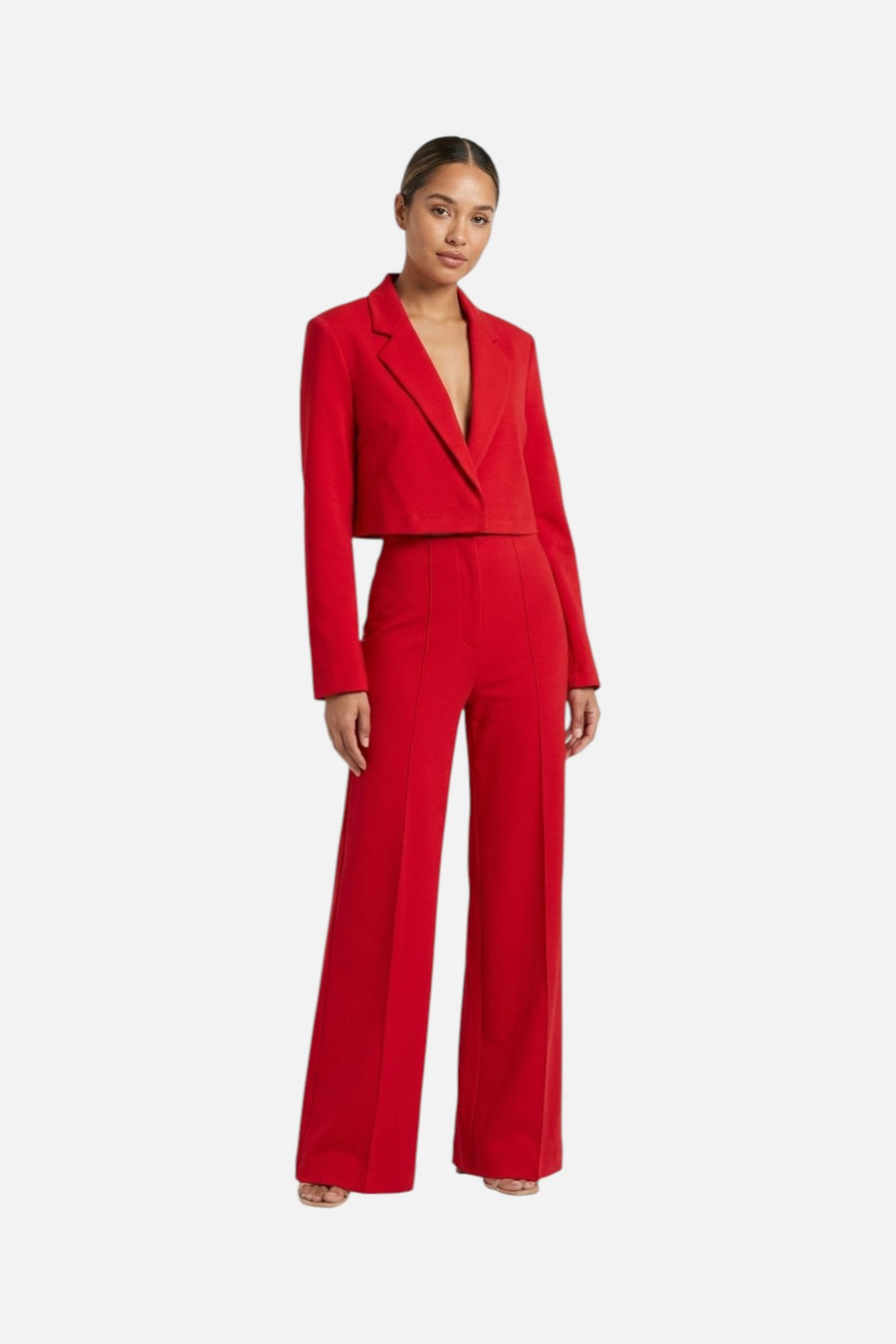 Ripley Rader ponte knit wide leg pant in red, front view.