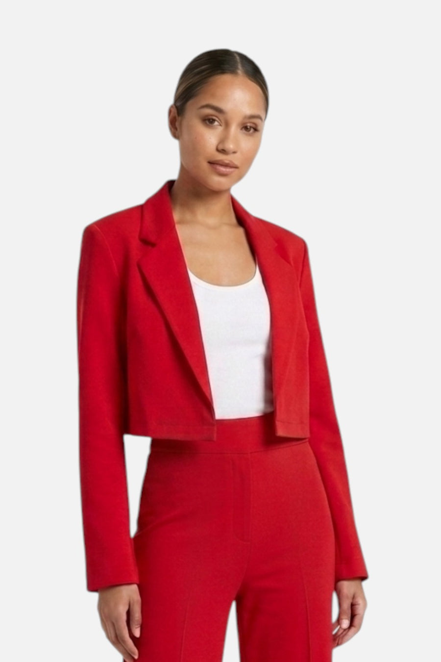 Ripley Rader ponte knit boxy blazer in red, front view.