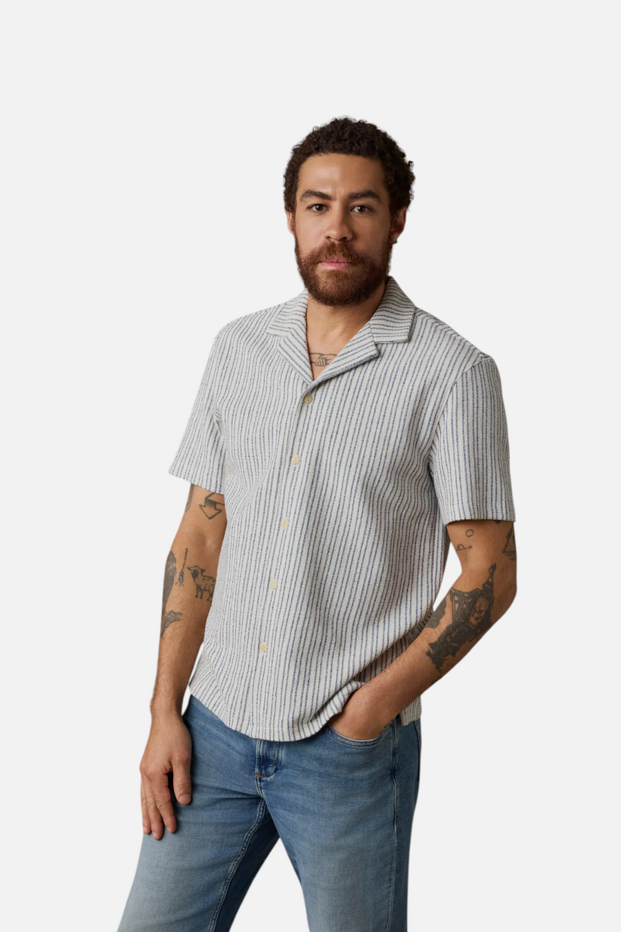 Faherty Short Sleeve Oasis Camp Shore in Shore Navy Stripes