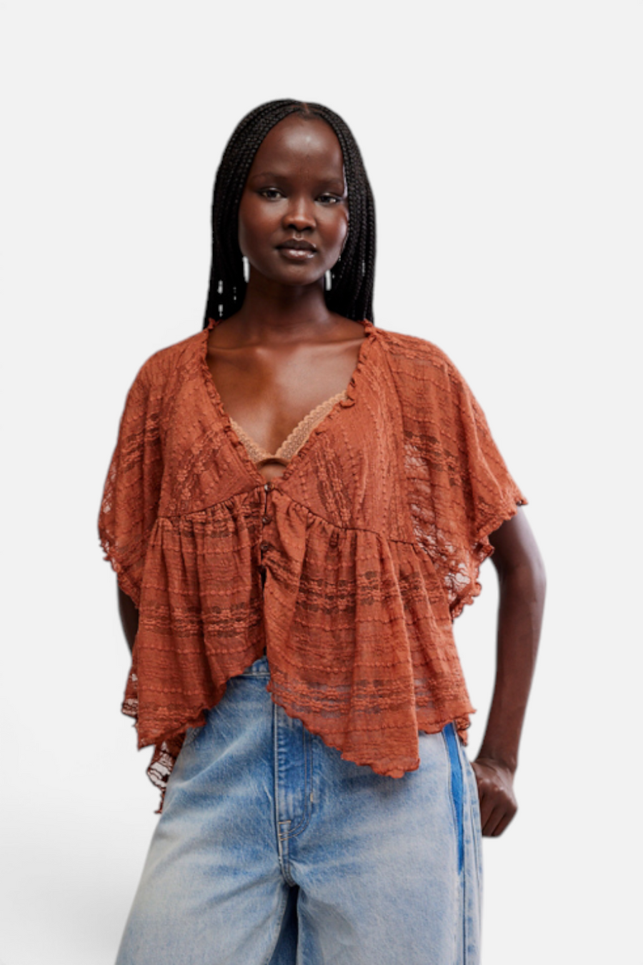 Free People In Your Dreams Lace Top in toasted cocoa, front view