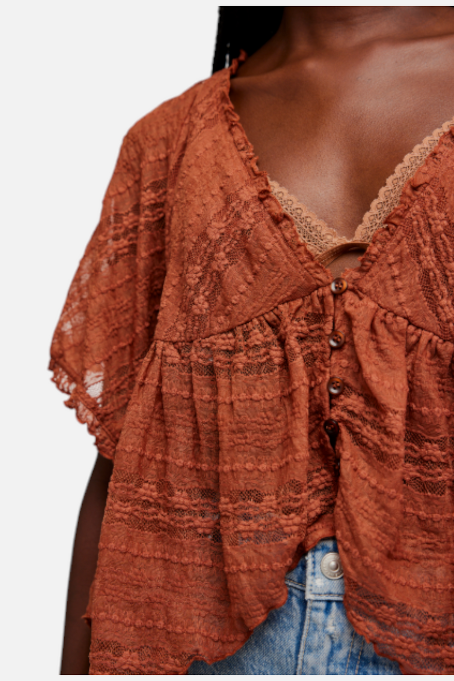 Free People In Your Dreams Lace Top in toasted cocoa, detail view