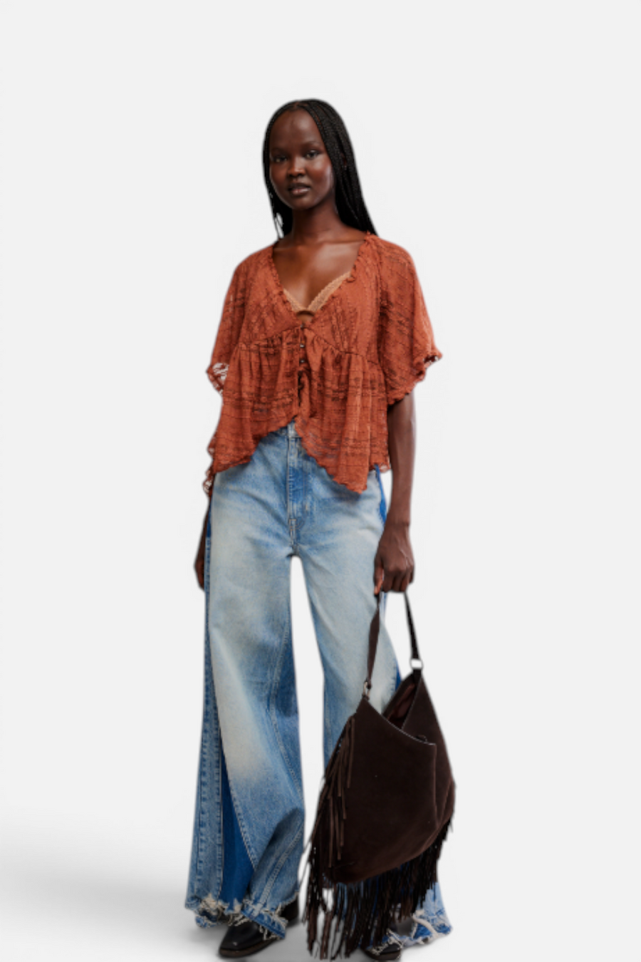 Free People In Your Dreams Lace Top in toasted cocoa, close-up view
