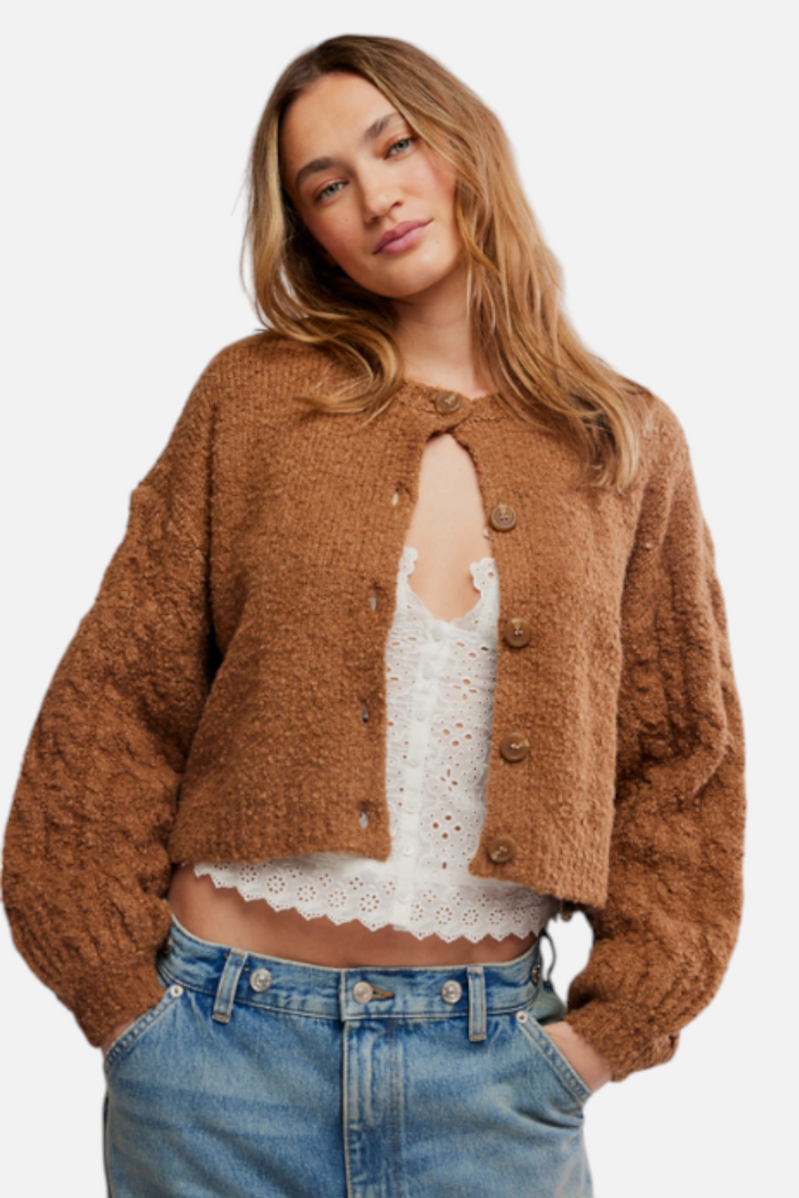 Free People Thistle Cardigan in Macadamia - front view
