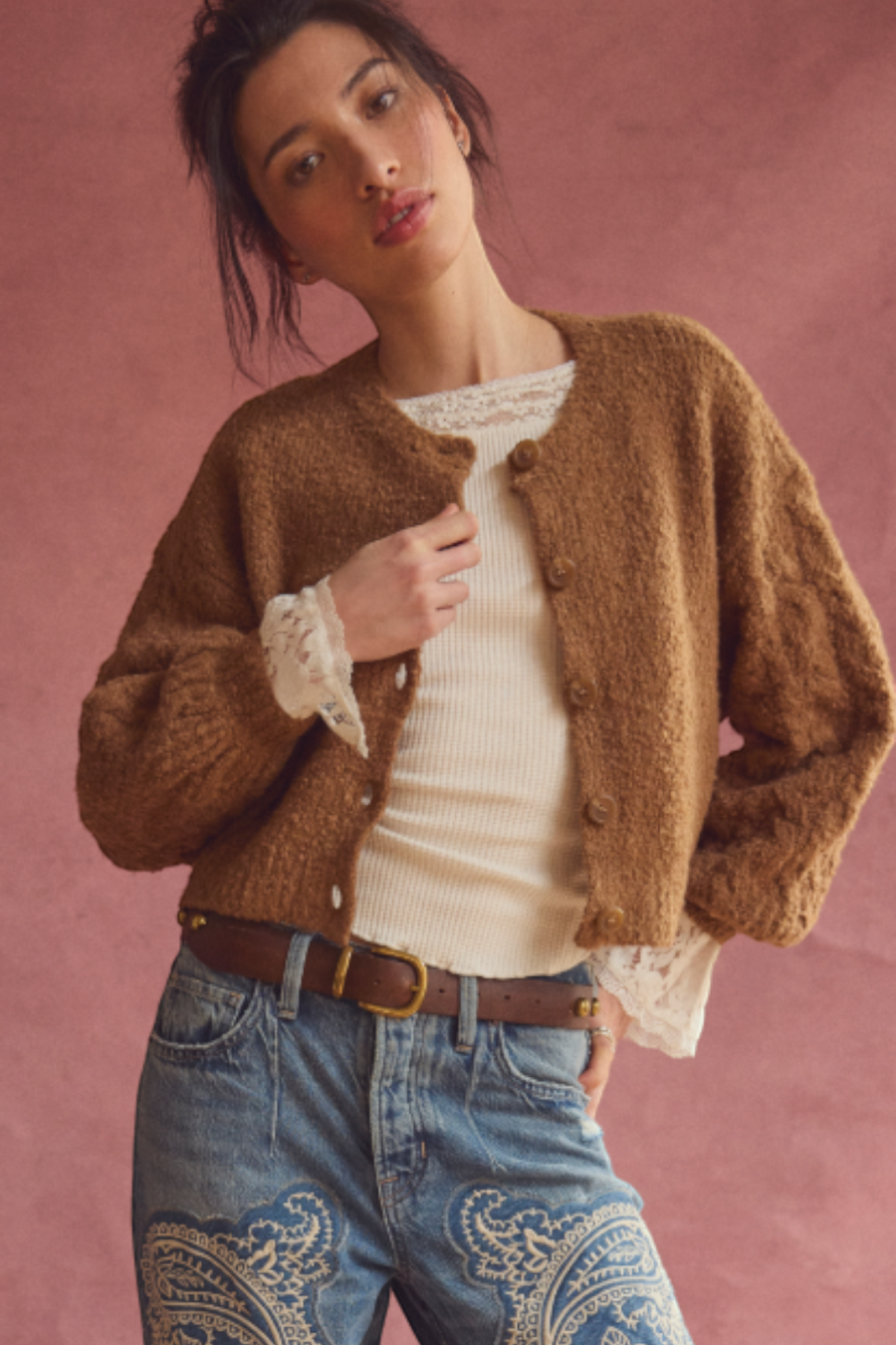 Free People Thistle Cardigan in Macadamia - flat lay detail