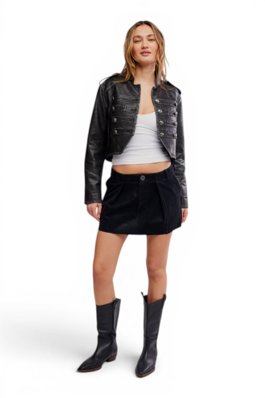Free People Riverfront vegan suede mini skirt in black, front view
