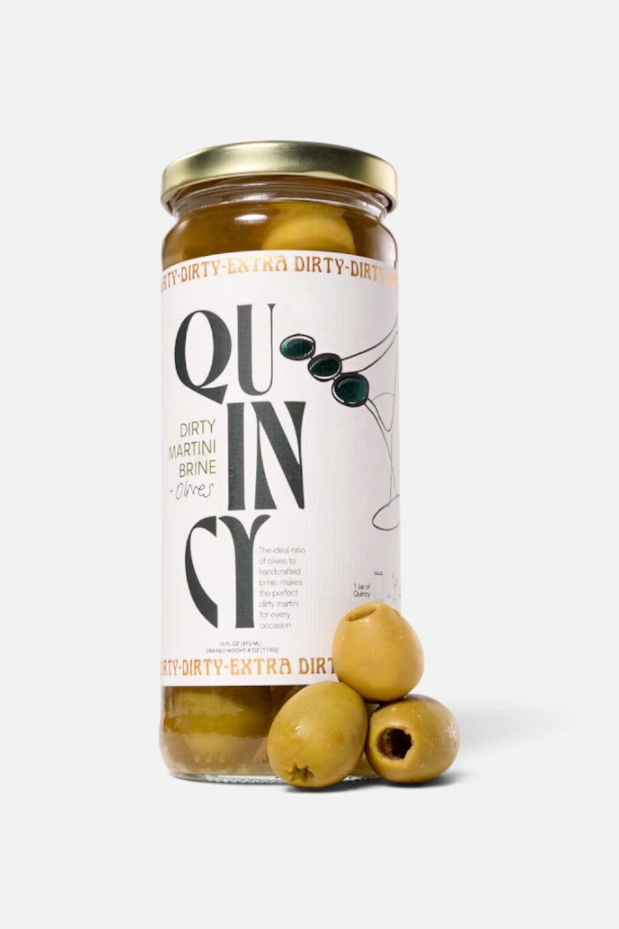 Quincy Olives and Dirty Martini Brine Jar, 16 oz jar of pitted Spanish queen olives in brine.