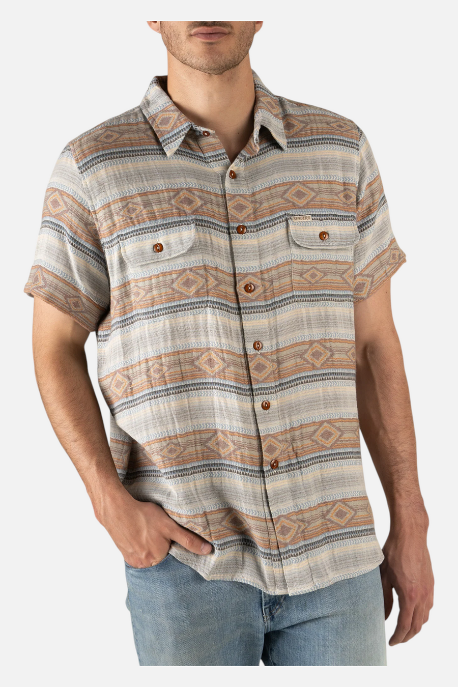Sendero Boquillas Sonoita Stripe Button Up Top in Brown and Blue