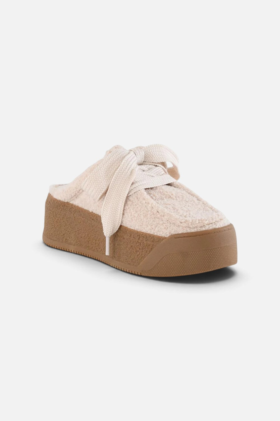 Seychelles Evolution platform mule in cream faux fleece with oversized laces and a gum sole.
