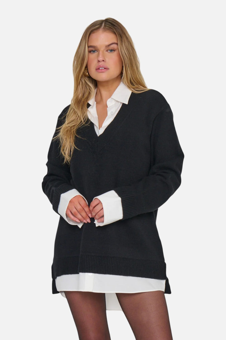 Show Me Your Mumu Lyle collared sweater dress in black with attached shirting, front view.