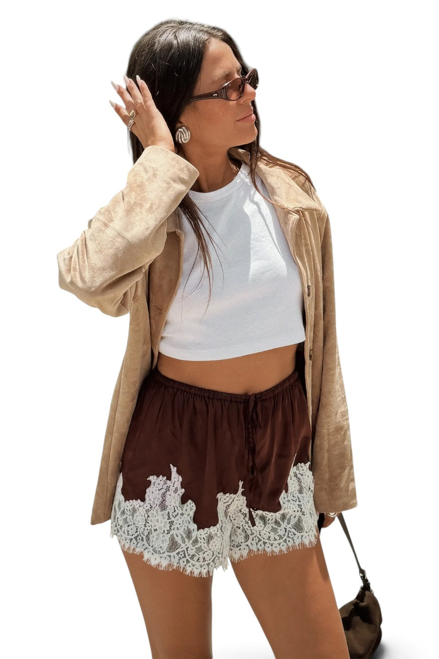 Show Me Your Mumu Sandra Shorts in chocolate satin with lace trim at the hem, front view.