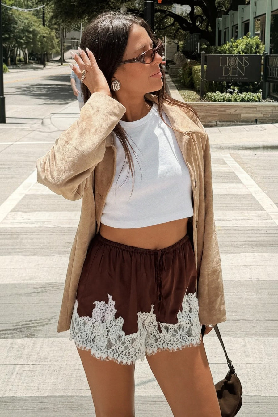 Show Me Your Mumu Sandra Shorts in Chocolate Satin with Lace Trim