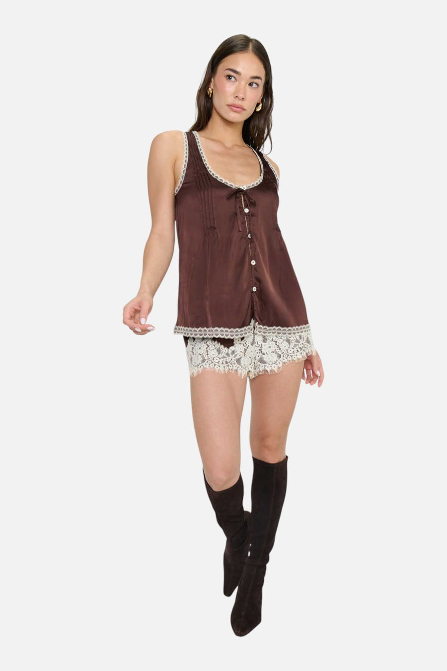 Show Me Your Mumu Sandra Shorts in Chocolate Satin with Lace Trim