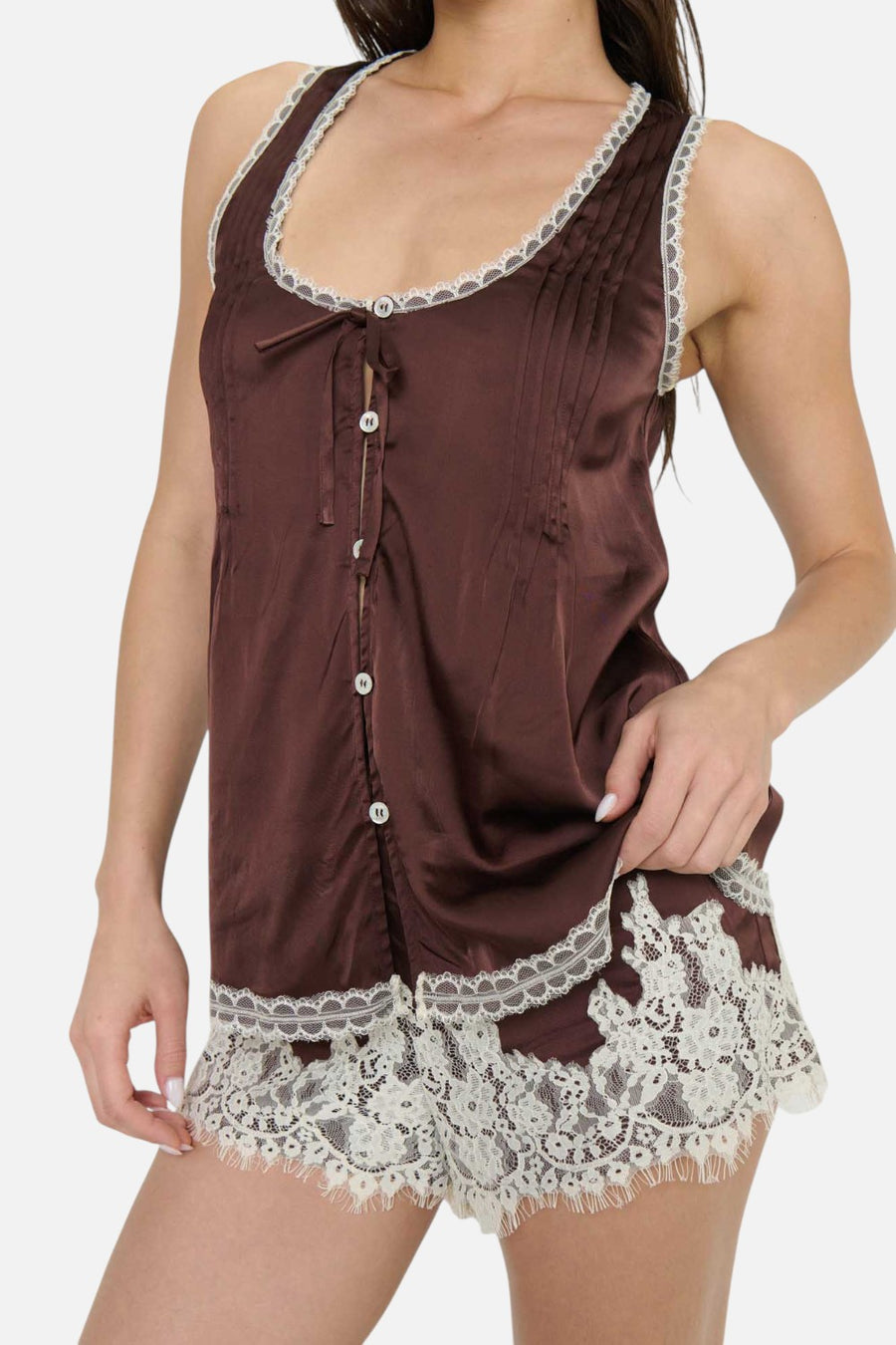 Show Me Your Mumu Sandra Shorts in Chocolate Satin with Lace Trim