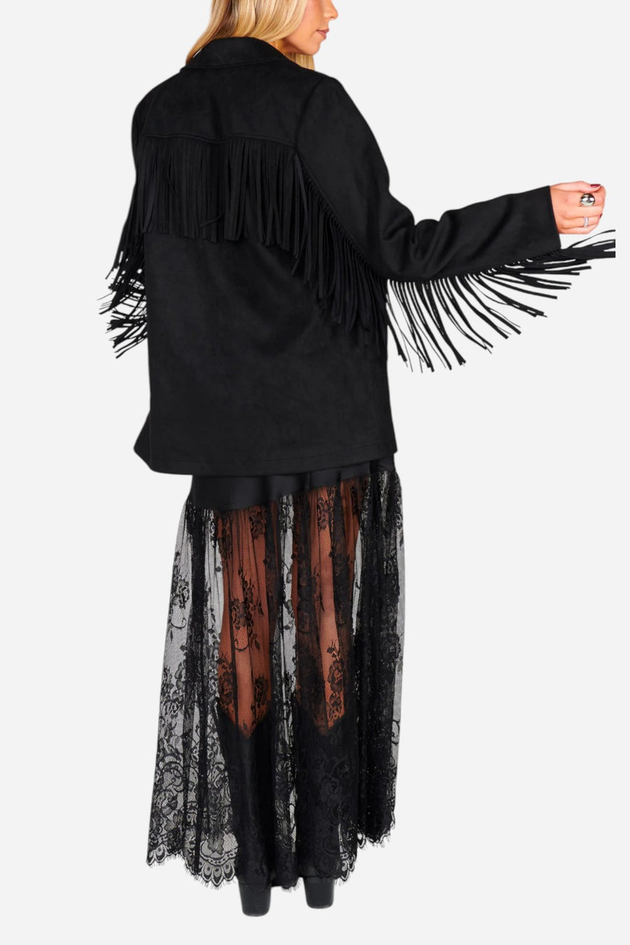 Show Me Your Mumu Sierra Fringe Jacket in Black Faux Suede