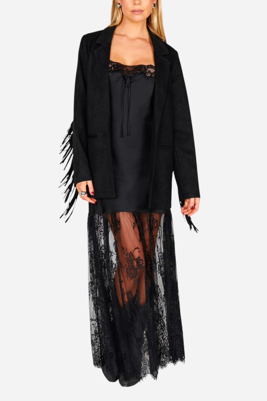Show Me Your Mumu Sierra Fringe Jacket in Black Faux Suede